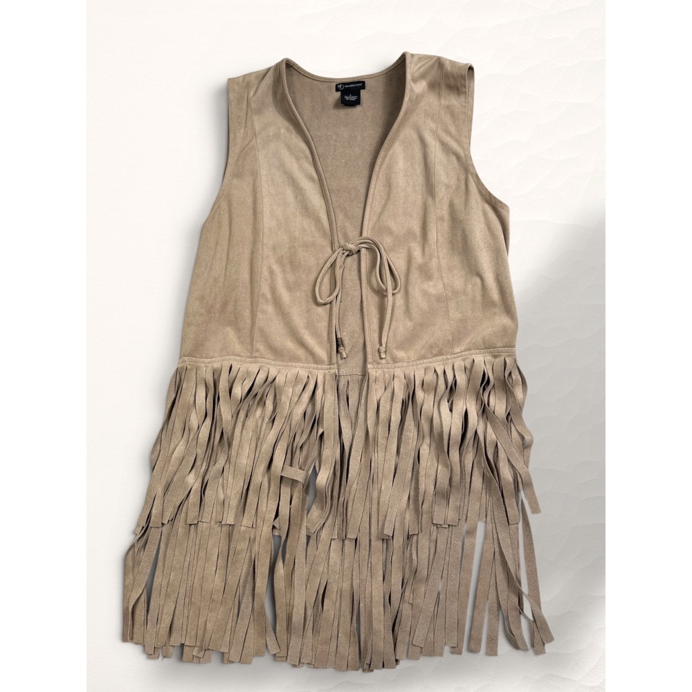New Directions Fringe‎ Vest Women L Tan Western Faux Suede Tie Front